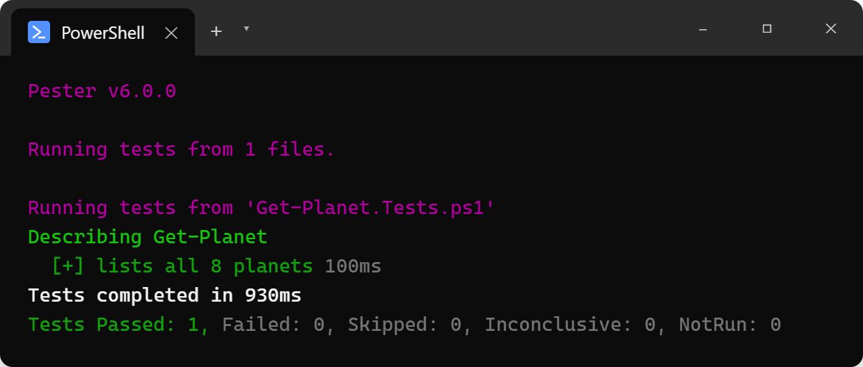 Pester console output with a passing test